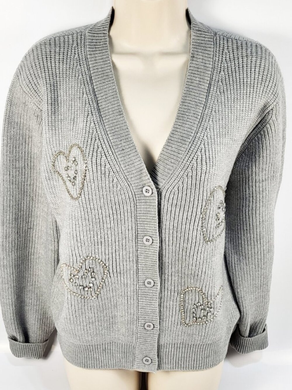 NWT Lady's Cardigan Rhinestones Heart Studs Button Up Sweater Grey Silver LG